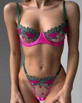 Sexy Colorblock Flower Embroidered Underwire Mesh Bra Set